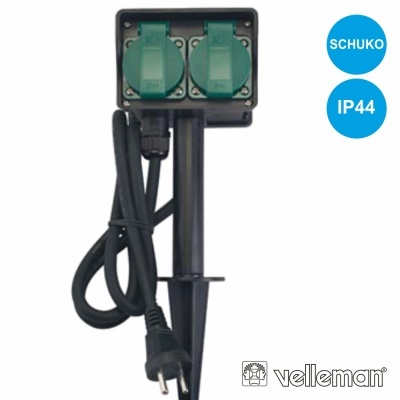 Tomada dupla de exterior preta com tampas verdes e suporte de fixação