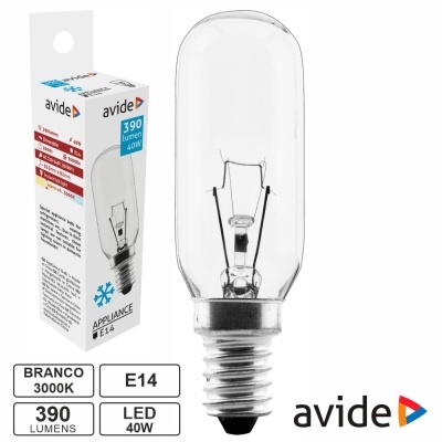 Lâmpada incandescente E14 Avide com embalagem com especificações técnicas