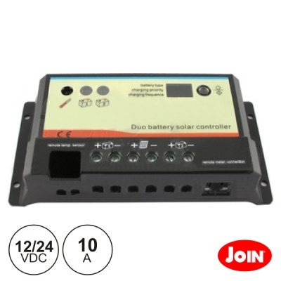 Controlador solar Duo battery preto com painel claro e terminais de ligação.