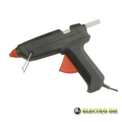 Pistola para cola quente preta com gatilho vermelho e barra de cola branca