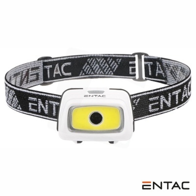 Lanterna de cabeça branca com faixa elástica preta e cinza com texto ENTAC