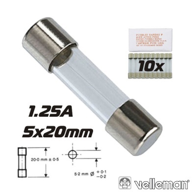 Fusível de vidro 1.25A 5x20mm com embalagem de 10 unidades Velleman