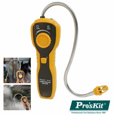 Detetor de gás comprimido com corpo amarelo e preto e tubo flexível metálico