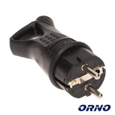 Ficha elétrica preta com pinos metálicos e logotipo ORNO