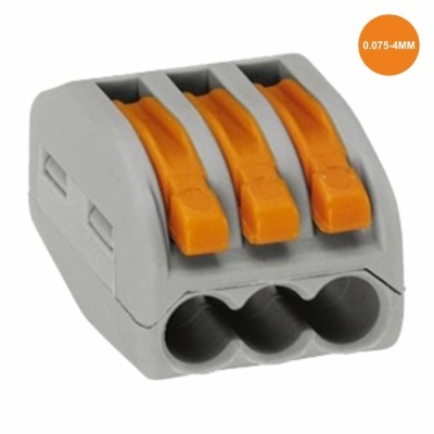 Conector elétrico cinza com alavancas laranja para três fios