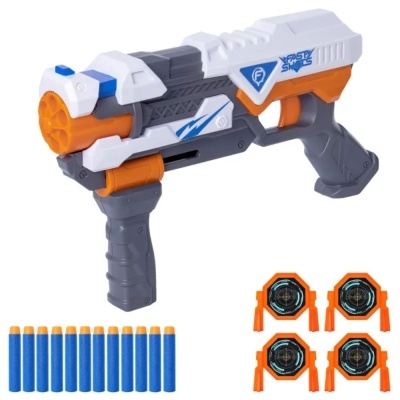 Brinquedo lançador com dardos azuis e alvos pequenos