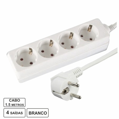 Régua de tomadas branca com 4 saídas e cabo