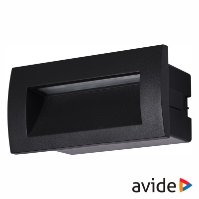 Luz de parede embutida preta retangular com abertura para luz e logótipo avide