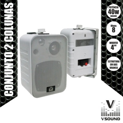 Conjunto de 2 colunas brancas VSOUND com potência 40W e woofer 4 polegadas