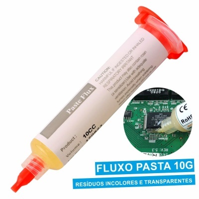 Tubo de pasta de fluxo com tampa laranja e texto em inglês e português, uso para eletrónica