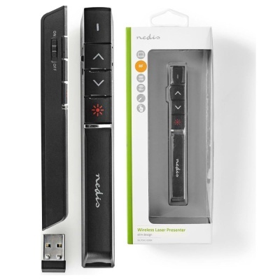 Presenter laser sem fios Nedis preto com botão de laser vermelho, receptor USB e embalagem branca e verde