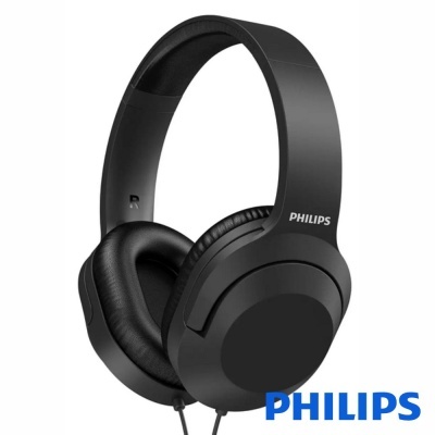 Auriculares Philips pretos com almofadas acolchoadas e cabo
