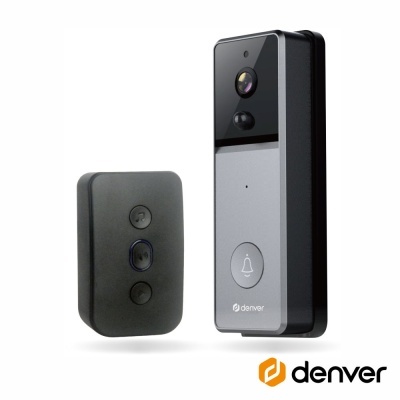 Campainha sem fios preta e cinza com receptor e logótipo Denver