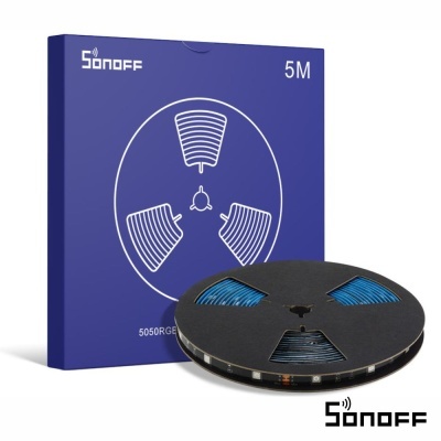 Fita LED Sonoff de 5 metros com embalagem azul e carretel preto