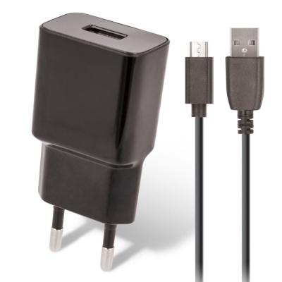 Carregador e cabo USB preto com ficha europeia