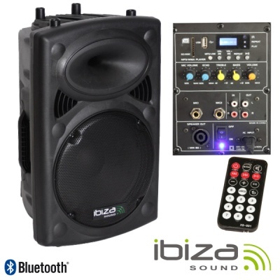 Coluna de som portátil preta Ibiza Sound com painel de controlo e comando remoto