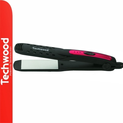 Prancha de cabelo preta e rosa Techwood sobre fundo branco com faixa vermelha