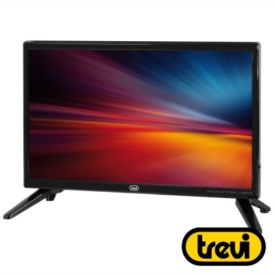 Televisor Trevi preto com suporte triangular e ecrã colorido