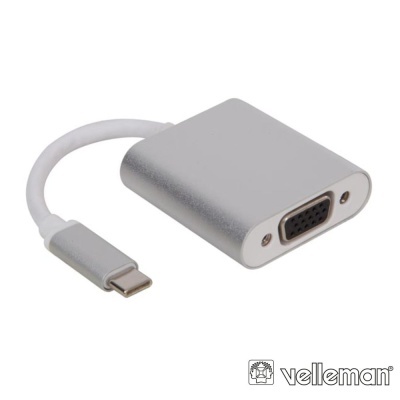 Adaptador VGA para USB-C prateado com cabo branco e logótipo Velleman