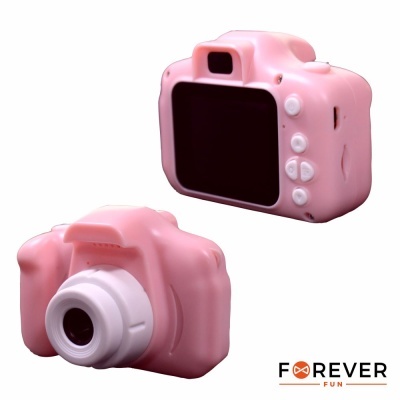 Câmara digital cor-de-rosa com ecrã preto e botões brancos