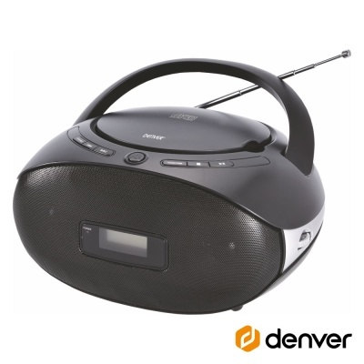 aparelho de som portátil negro com antena telescópica e visor digital