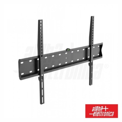 Suporte de parede para televisão preto com nível de bolha e logótipo Alpha Elettronica