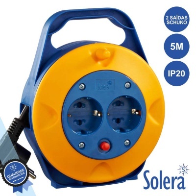 Carretel de extensão elétrica amarelo e azul com 2 tomadas e cabo de 5 metros
