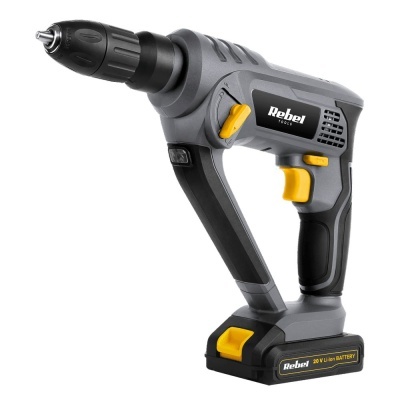 Parafusadora Rebel Tools cinza e preta com detalhes amarelos e bateria 20 V Li-ion