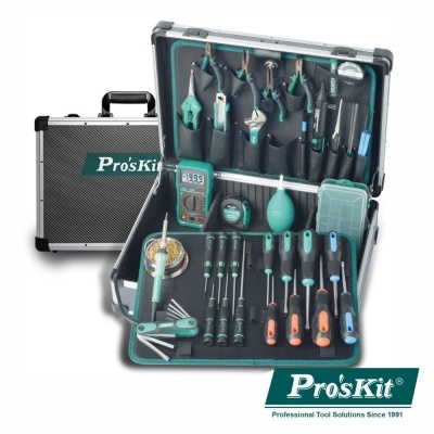 Conjunto de ferramentas Pro'sKit num estojo prateado aberto com várias ferramentas dentro.