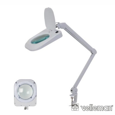 Lâmpada articulada branca com lente de aumento e luz LED, suporte metálico, marca Velleman
