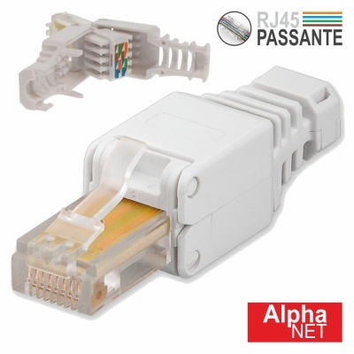 Conector RJ45 passante branco Alpha NET em vários ângulos
