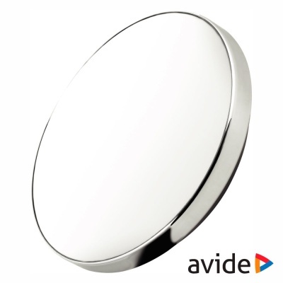 Espelho redondo com moldura prateada e logótipo avide