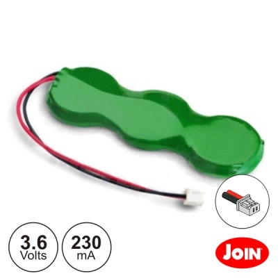 Bateria verde com fios e conector em fundo branco, texto 3.6 Volts 230 mA e logo JOIN