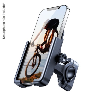 Suporte para smartphone preto fixado em guiador de bicicleta