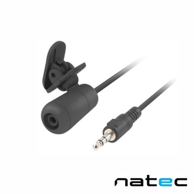 Microfone lavalier preto com clip e cabo com ficha jack 3,5 mm