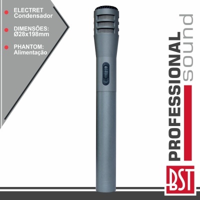 Microfone profissional cinza com grelha preta e texto de especificações ao lado