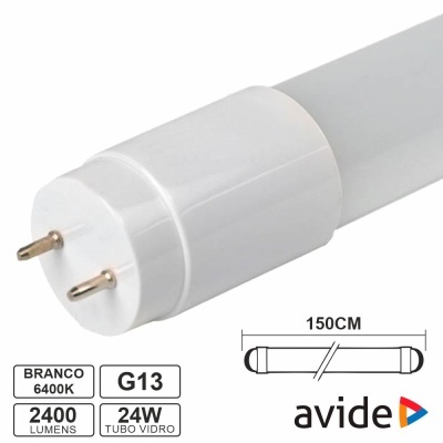 Tubo de luz LED branco com conector G13 e especificações técnicas no fundo.