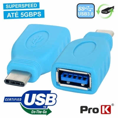 Adaptador USB 3.0 azul claro Pro K com conetores USB tipo C e USB tipo A