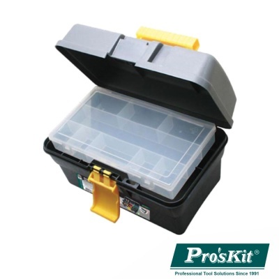 Caixa de ferramentas preta com tampa cinzenta aberta e caixa transparente divisória interior