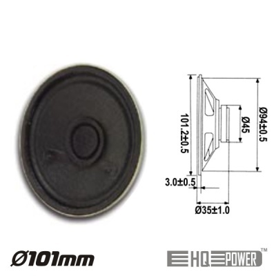 Alto-falante oval preto com aro metálico e medidas técnicas