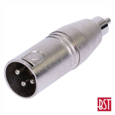 Adaptador XLR macho para RCA prateado com logo BST ao fundo