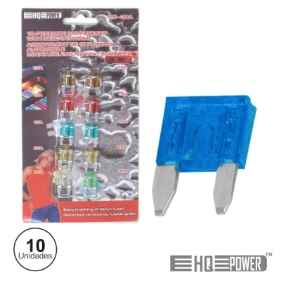 Conjunto de fusíveis automóveis mini coloridos em embalagem e fusível azul destacado