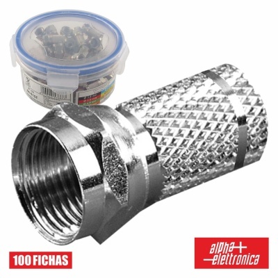 Ficha coaxial metálica prateada com estojo transparente e texto 100 FICHAS alpha+ elettronica