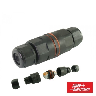 Conector elétrico impermeável preto com peças desmontáveis e logotipo alpha elettronica