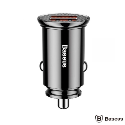 Carregador de carro Baseus preto metálico com porta USB e nome impresso