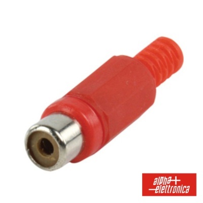 Conector RCA fêmea vermelho com corpo de plástico e terminais metálicos