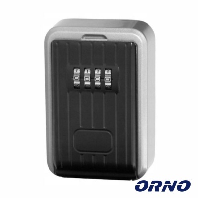 Caixa de segurança preta com fechadura numérica e moldura cinza, logotipo ORNO