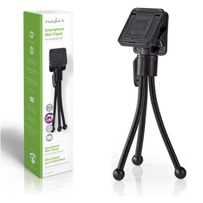Tripé mini para smartphone preto da marca Nedis com embalagem branca e verde