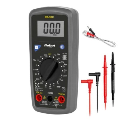 Multímetro digital Rebel RB-30C com visor LCD e acessórios de pontas de prova vermelha e preta
