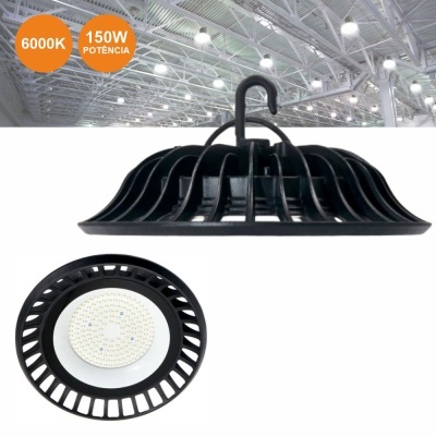 Candeeiro industrial preto com LEDs e gancho de pendurar